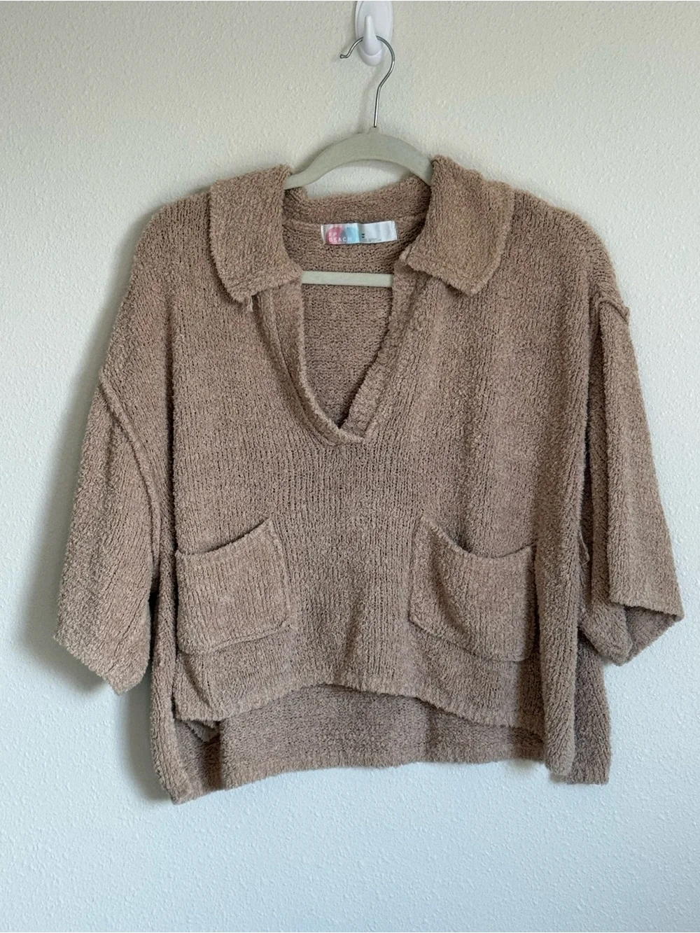 Free People Beige Cropped Off-Shoulder Knit Sweater